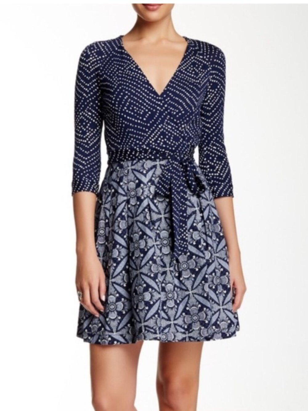 Diane Von Furstenberg Jewel Wrap Dress Sz 2 Cotton Navy Blue Print Party